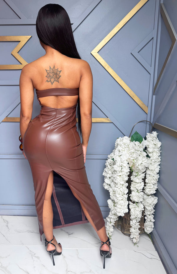 Cocoa Kiss Faux Leather Strapless Maxi Dress