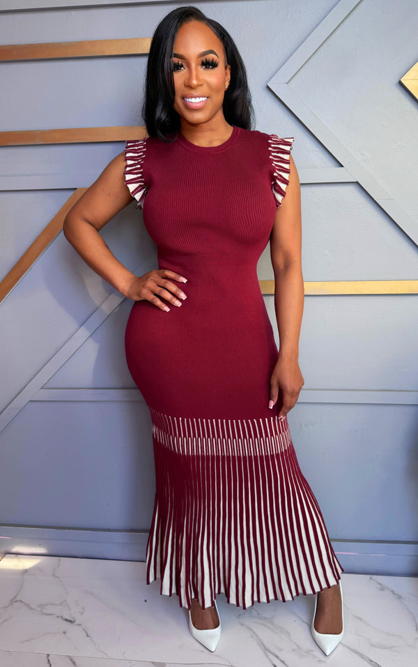 Merlot Ruffle Elegance Knit Maxi Dress