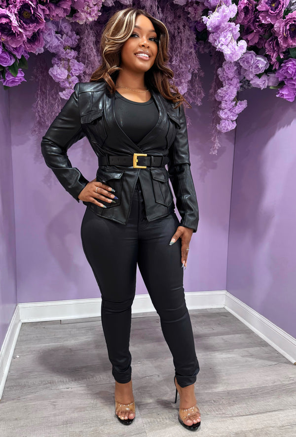 Power Play Faux Leather Belted Blazer