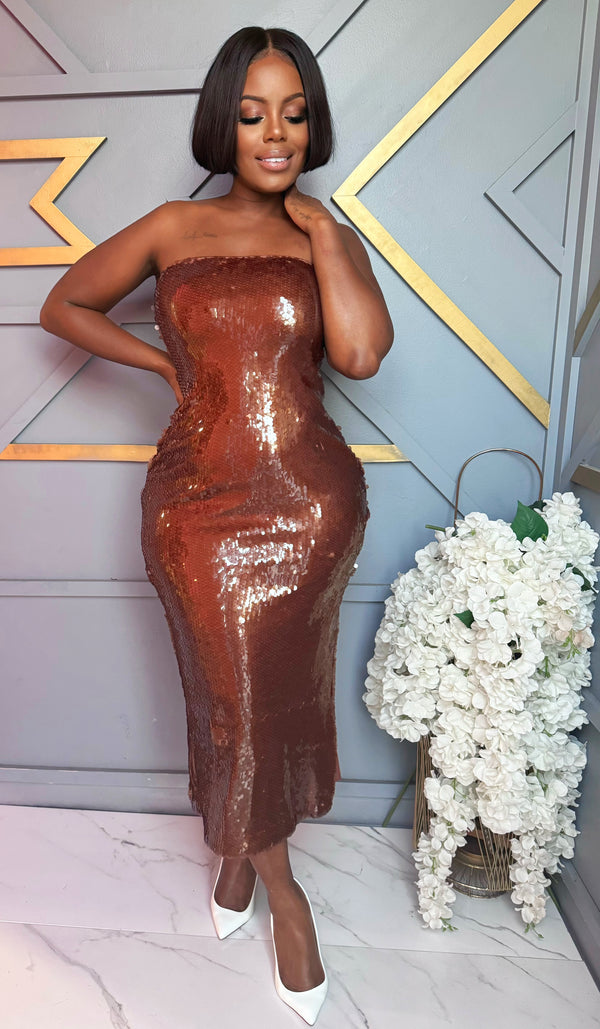 Molten Bronze Sequin Strapless Midi Dress