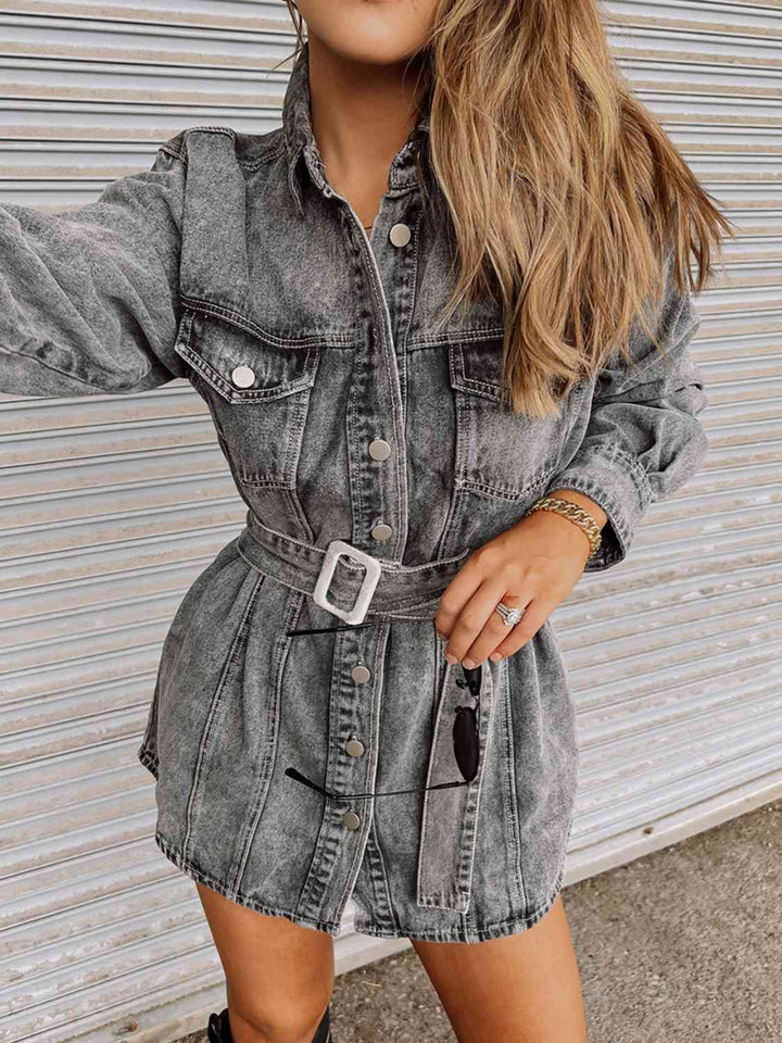 Long Sleeve Collared Denim Dress - Bink & Bougie