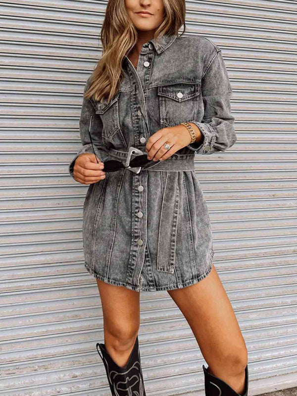 Long Sleeve Collared Denim Dress - Bink & Bougie