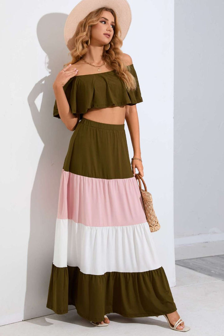 Off - Shoulder Crop Top and Color Block Tiered Skirt Set - Bink & Bougie