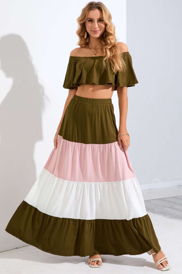 Off - Shoulder Crop Top and Color Block Tiered Skirt Set - Bink & Bougie