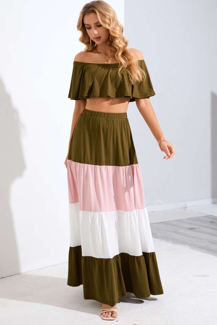 Off - Shoulder Crop Top and Color Block Tiered Skirt Set - Bink & Bougie